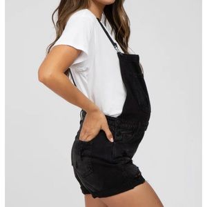 Black Distressed Maternity Denim Short Overalls